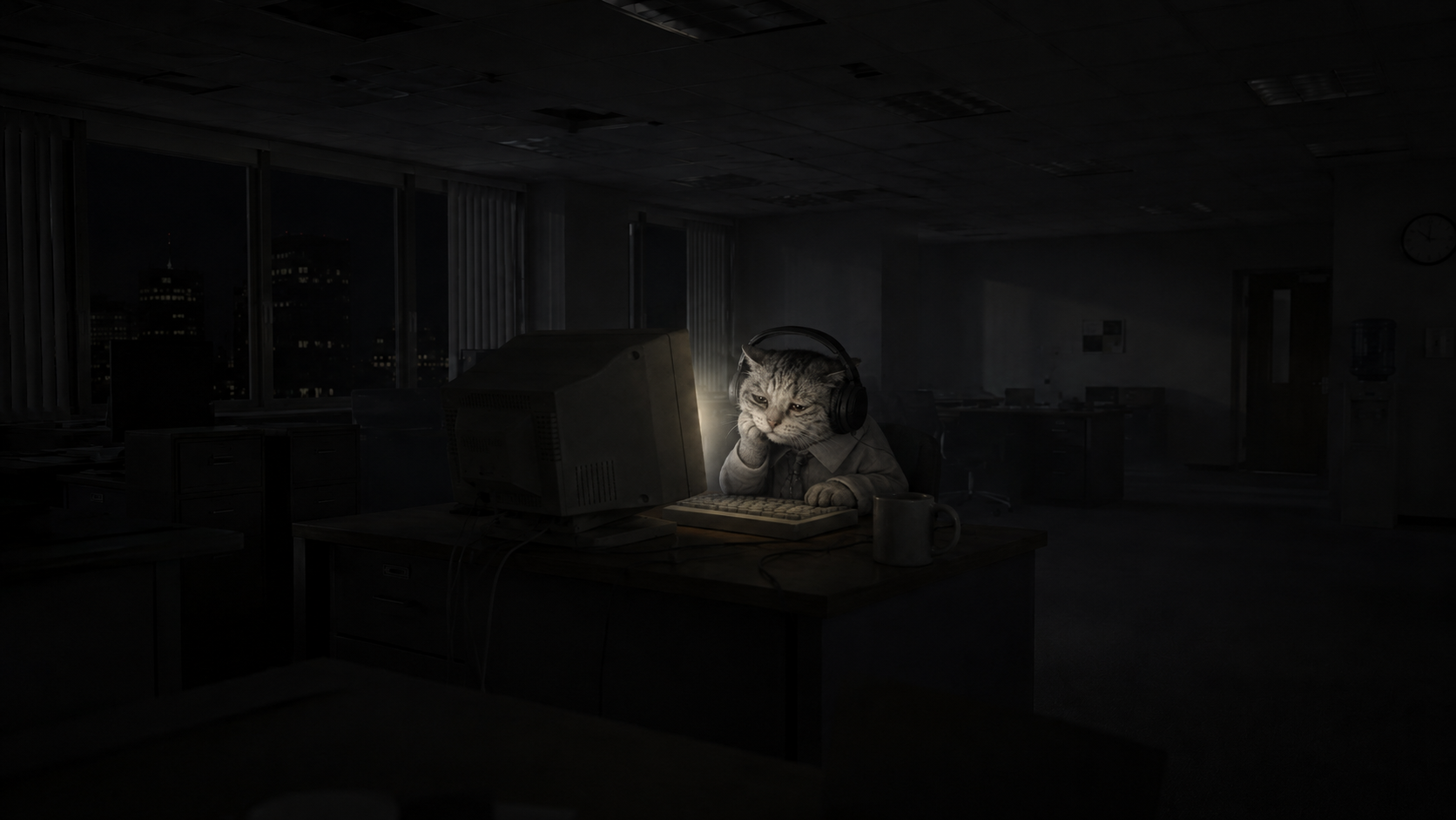 The cat resting his head on one paw, still at the desk