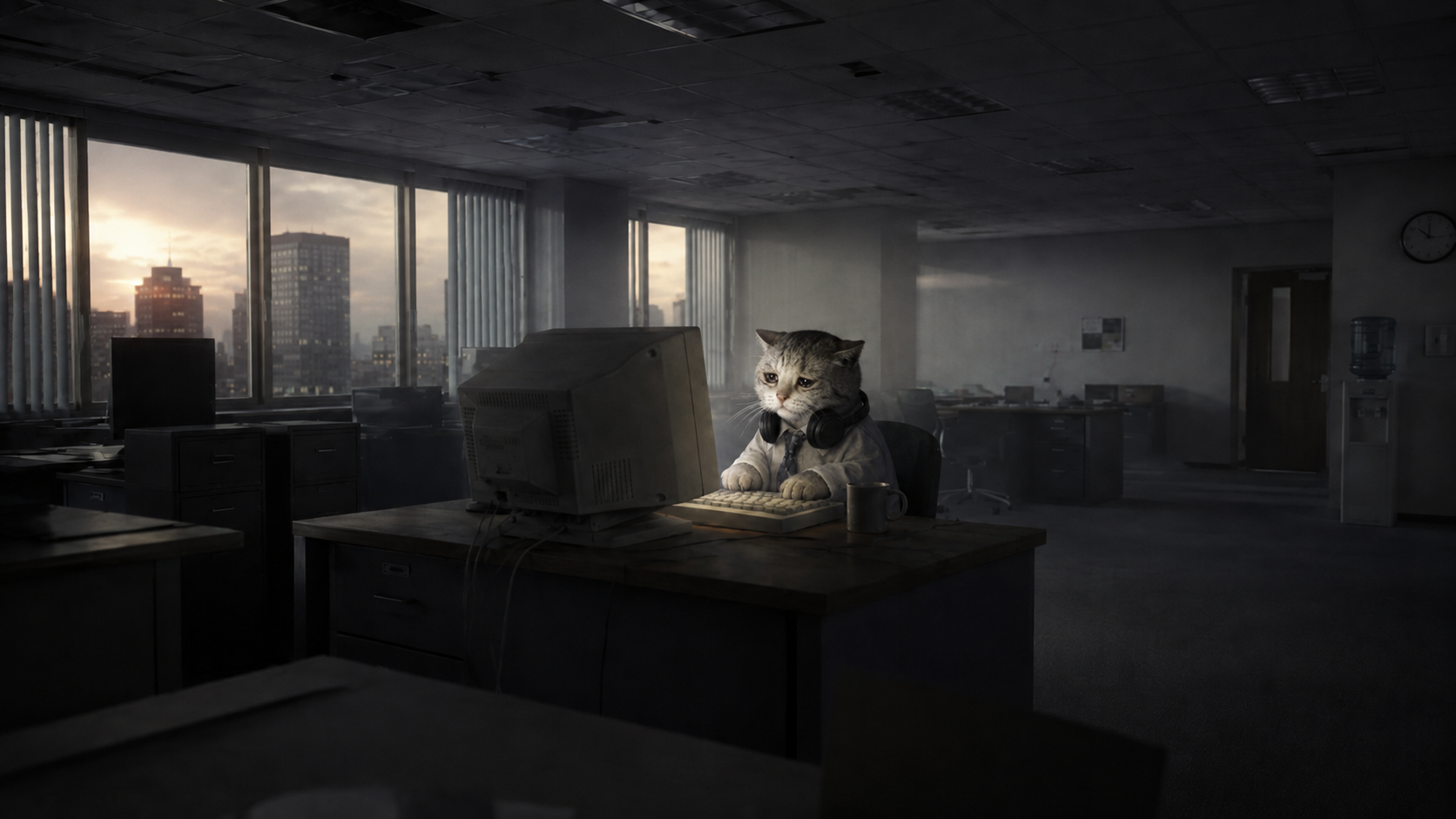 Dawn light coming through the office windows, headset around his neck
